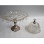 A Cut Glass Tazza with loaded white metal or silver plated base and cut glass cheese dome with white