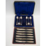 A Cased Set of Six Sheffield Silver Coffee Spoons with sugar tongs, 100g and cased set of six silver