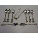 A Victorian Silver Pair of Sugar Tongs with eight teaspoons, Glasgow 1850, James Ross, 199g