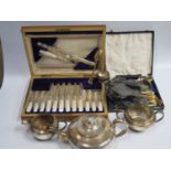 A Canteen of Mother of Pearl Handled Fruit Knives and Forks, plated three part tea set and gilt