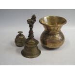 An Early Indian Hindu Brass Bell with recumbent cow finial 20cm, inlaid vase etc