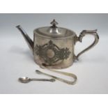 Silver Sugar Tongs 25g and plated teapot and spoon