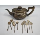 A Victorian Silver Teapot, London 1898, maker rubbed and silver teaspoons and white metal spoons,