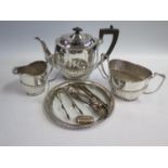 A Selection of Silver and Plate including sugar tongs, pill box, and plated tea set etc.