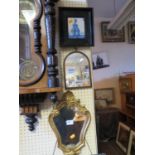 Small Gilt Framed Mirror, inlaid mirror and framed blue and white tile