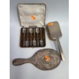 Silver Backed Hand Mirror and Brush and cased set of plated teaspoons