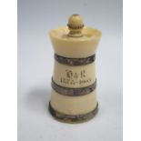 An Edward VII Silver Banded Turned Ivory Pepper Grinder, Birmingham 1902, J.G&S