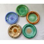 Five Shelley Harmony ashtrays, three 11cm diameter and two 10.