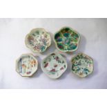 Five small Chinese famille rose 19th century footed porcelain dishes, the largest 10.