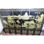 A black lacquered Chinese 6-fold screen, the panels decorated with figures and pagodas,