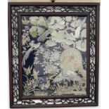 A Chinese silk embroidered panel of birds amongst foliage, 41.5cm x 33.