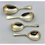 Four silver caddy spoons, Sheffield 1908, 1914, 1962 and London 1988, combined weight 2.28ozt, 70.