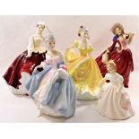 Five Royal Doulton figurines; 'Autumn Breezes' HN 1934, 'Southern Belle' HN 2425, 'Gail' HN 2937,