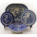 A 19th century Staffordshire pottery willow pattern meat plate, 40cm x 32cm,