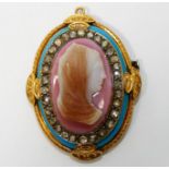 A 19th Century Renaissance Revival, oval carved hardstone, gold, diamond and enamel brooch,