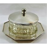 A 20th century Japanese silver coloured metal and cut glass butter dish and stand, by Asahi Shoten,