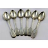 A set of six fiddle pattern teaspoons with Exeter hallmarks, 14.1cm long, 3.55ozt, 110.