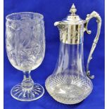 A Victorian cut glass claret jug with silver plated mount, 28cm high, and a cut glass celery vase,