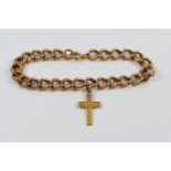 A hollow rose gold curb link bracelet, with 9 carat gold cross pendant, combined weight 10.