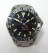 Omega, a gents stainless steel calendar watch, Seamaster, GMT Chronometer, back plate stamped 50