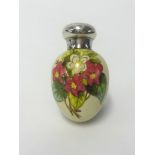 A Victorian white china scent bottle of egg shape, finely painted with flowers with gilt outlines