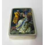 An enamelled box (no hallmark), approx 9.50cm x 6.50cm, decorated with classical romantic scene of a