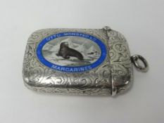 An enamel silver vesta, the oval scene marked 'Otto Monsted Ltd, Margarines', makers mark W.J.D,