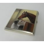An enamelled cigarette case, horse and dog, hallmarked 900, gilt lined interior, approx 8.50cm x