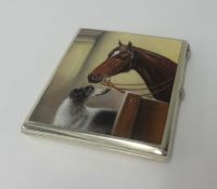 An enamelled cigarette case, horse and dog, hallmarked 900, gilt lined interior, approx 8.50cm x
