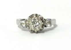 A diamond three stone ring, set with old cut diamonds, approx 1.00ct, finger size N.