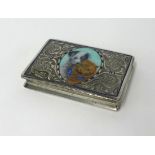 An enamel box decorated with a dog and cat, no hallmark, approx 7.50cm x 5cm.