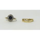 An 18ct diamond set ring and an 18ct sapphire and diamond ring (2), finger size K.