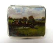 A Victorian enamelled silver cigarette case, horse jumping scene, the back case monogrammed 'L.A.J