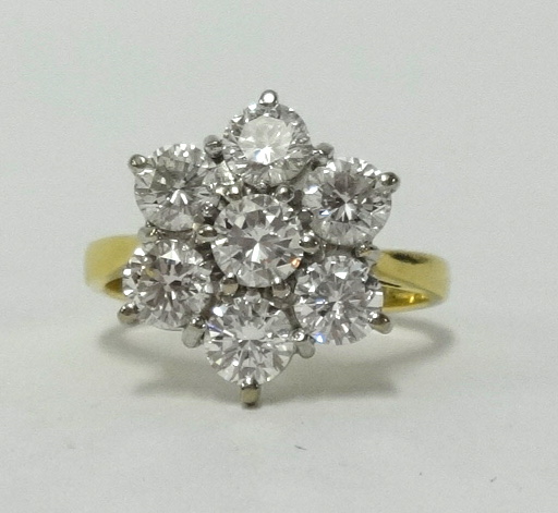 A diamond seven stone 'Snowflake' cluster ring, estimated total weight 2.00cts, colour grade H-I,