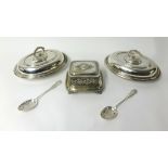 A pair of silver plated beaded oval entree dishes, ornate silver plated butter dish by Roberts and