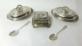 A pair of silver plated beaded oval entree dishes, ornate silver plated butter dish by Roberts and