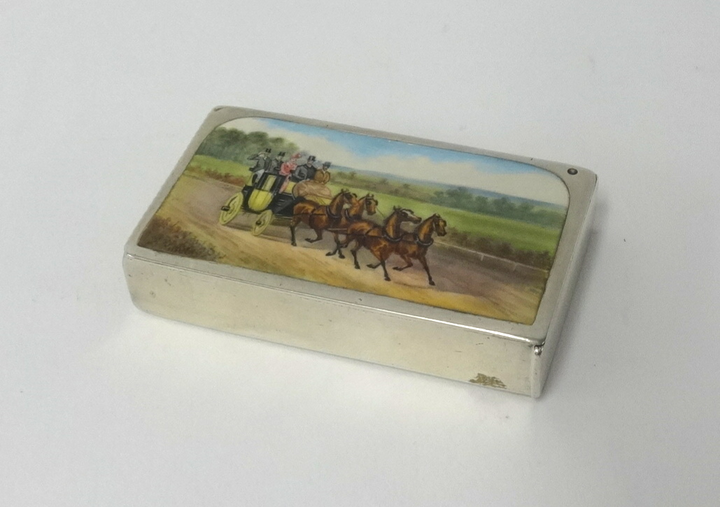 A Victorian enamelled silver vesta with horse and carriage scene, the back inscribed 'C.A.C-P,