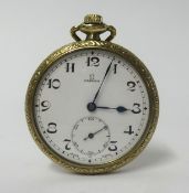 Omega, an open face and keyless gilt cased pocket watch with arabic numerals, sub-second dial, in