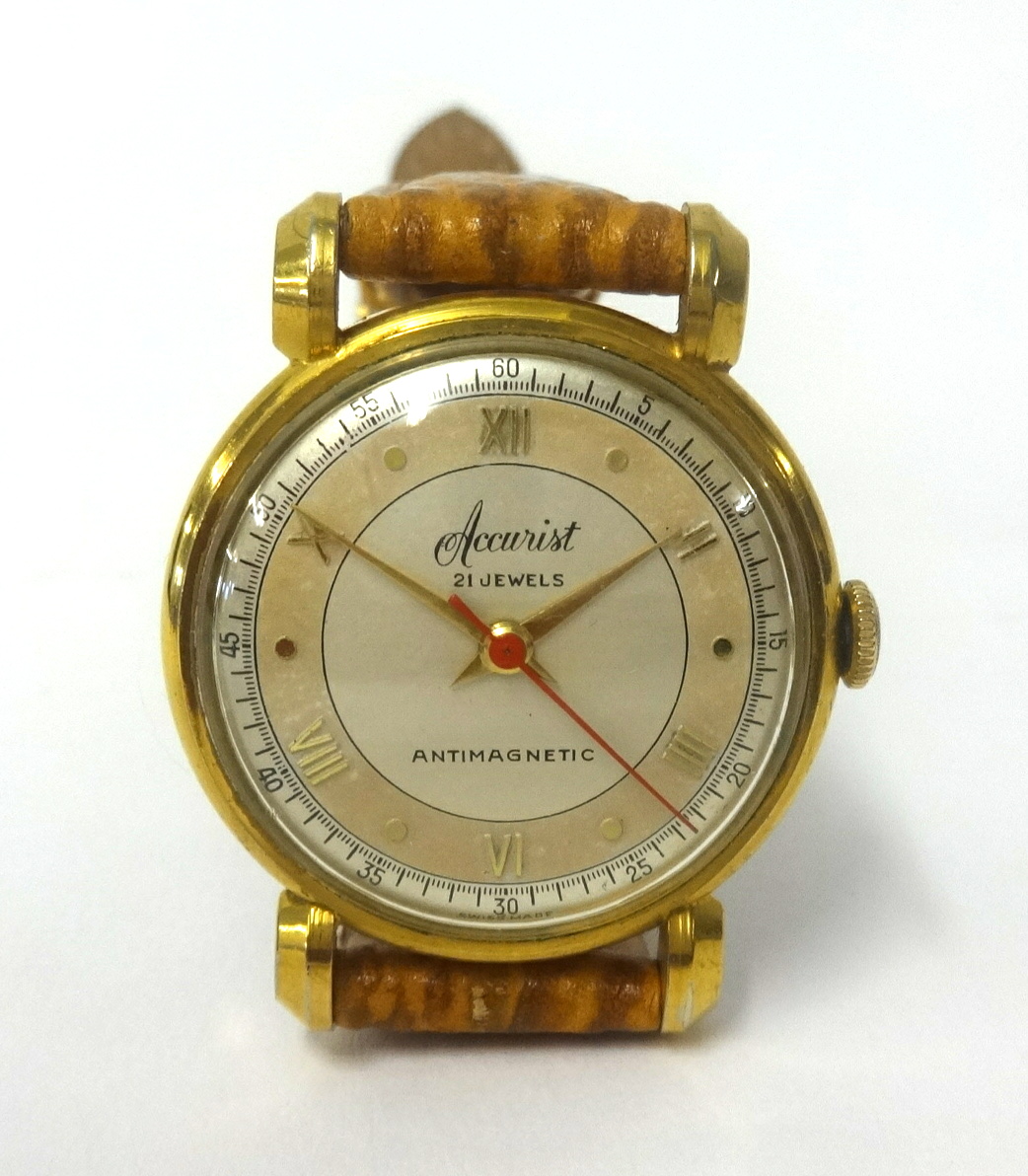 Accurist, a gents 1957/58 wristwatch, twenty one jewels, anti-magnetic in a gilt case.