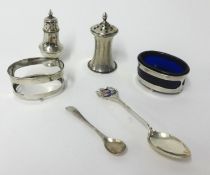 A Victorian silver condiments, two silver table salts (one lacking glass liner), two silver peppers,