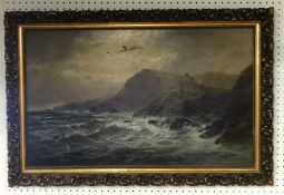 G Jenkins, British (1838-1914) signed oil on canvas, 'Choppy Seas, Coastline', 56cm x 90cm (