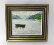 Lennox Manton, oil on board, 'Green Boat on River', 20cm x 25cm.