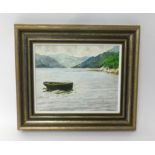 Lennox Manton, oil on board, 'Green Boat on River', 20cm x 25cm.