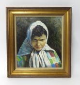 Lennox Manton, oil on board, 'Woman with White Scarf' 37cm x 33cm.