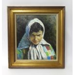 Lennox Manton, oil on board, 'Woman with White Scarf' 37cm x 33cm.