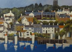 Jean May Parsons (1952-2017), acrylic on canvas, 'Newton Ferrers, Waterfront, 76cm x 102cm.