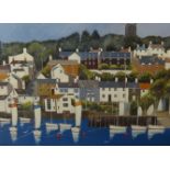 Jean May Parsons (1952-2017), acrylic on canvas, 'Newton Ferrers, Waterfront, 76cm x 102cm.