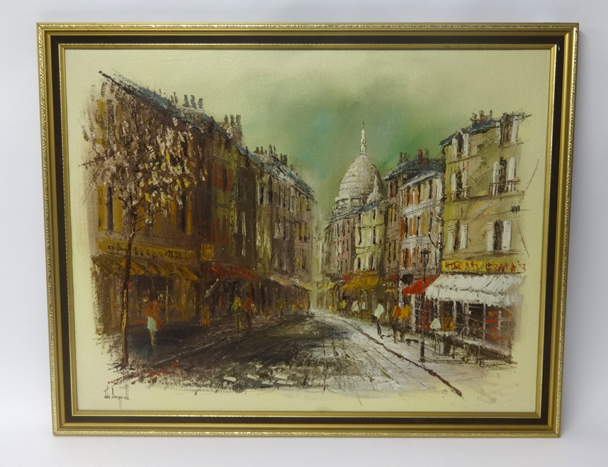 John Bampfield, oil on canvas, signed 'Street Scene with Church', 70cm x 90cm.