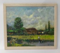 John Ambrose (1931-2010), 'River Cottage Scene' 49cm x 59cm.