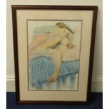 R.W.Bruff, watercolour, 'Nude lady laying on a mattress', signed, 39cm x 26cm.